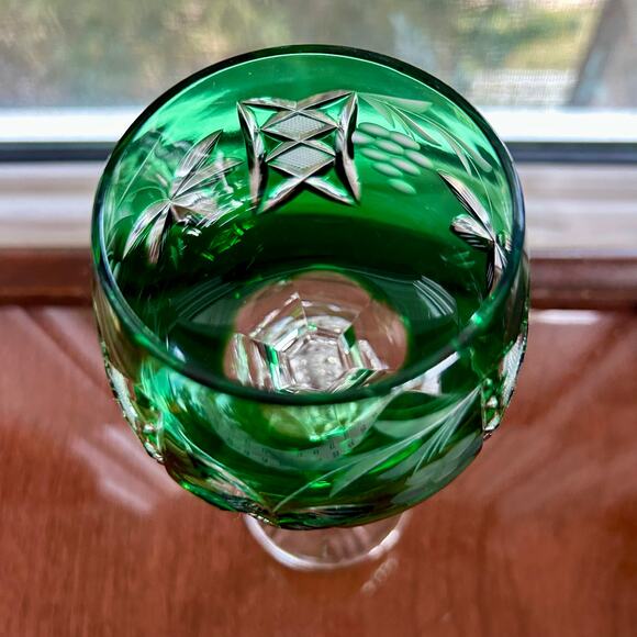 Vintage Traube-Style Emerald Green Cut-to-Clear Crystal Wine Hock Goblet - Picture 7 of 10